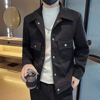 Мужская куртка с лацканами, длинными рукавами, карманами-клапанами, однобортная куртка, пальто, однотонный полосатый жаккардовый узор, верхняя одежда M чёрный