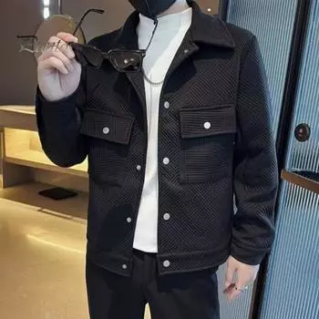 Мужская куртка с лацканами, длинными рукавами, карманами-клапанами, однобортная куртка, пальто, однотонный полосатый жаккардовый узор, верхняя одежда M белый