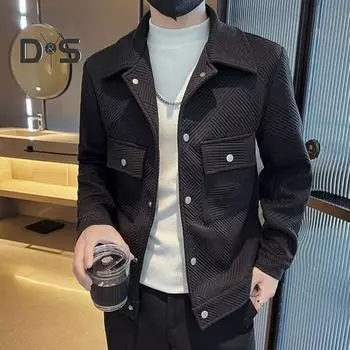 Мужская куртка с лацканами, длинными рукавами, карманами-клапанами, однобортная куртка, пальто, однотонный полосатый жаккардовый узор, верхняя одежда M чёрный