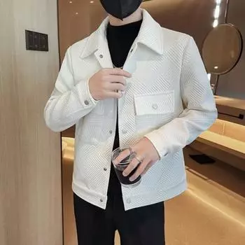 Мужская куртка с лацканами, длинными рукавами, карманами-клапанами, однобортная куртка, пальто, однотонный полосатый жаккардовый узор, верхняя одежда M белый