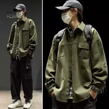 Мужская куртка с лацканами, длинными рукавами, карманами-клапанами, однотонное пальто свободного кроя, планка с пуговицами, повседневная верхняя одежда L хаки