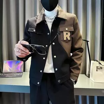 Мужская куртка с лацканами для весны и осени, повседневная, стильная, с цветовым сочетанием 3XL