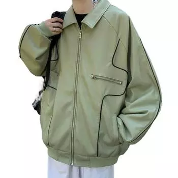 Мужская куртка с лацканами и длинным рукавом из искусственной кожи с несколькими карманами, застежкой-молнией, водонепроницаемая S зелёный