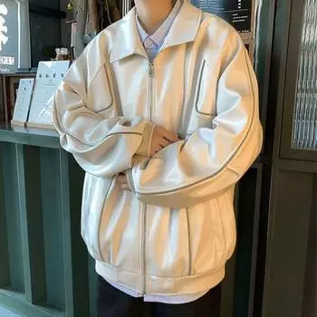 Мужская куртка с лацканами и длинным рукавом из искусственной кожи с несколькими карманами на молнии S бежевый