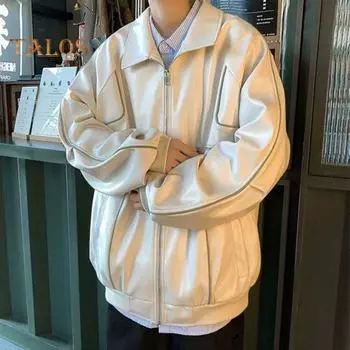 Мужская куртка с лацканами и длинным рукавом из искусственной кожи с множеством карманов, застежкой-молнией, водонепроницаемое ветрозащитное теплое пальто S бежевый