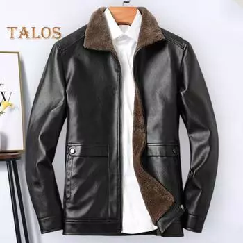 Мужская куртка с лацканами и длинным рукавом, однотонная куртка из искусственной кожи с боковыми карманами, ветрозащитная плюшевая подкладка, верхняя одежда для байкеров M чёрный