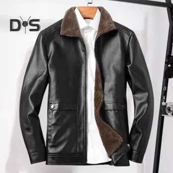 Мужская куртка с лацканами и длинным рукавом, однотонная куртка из искусственной кожи с боковыми карманами, ветрозащитная плюшевая подкладка, верхняя одежда для байкеров M чёрный