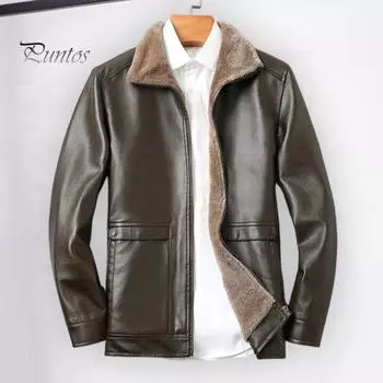 Мужская куртка с лацканами и длинным рукавом, однотонная куртка из искусственной кожи с боковыми карманами, ветрозащитная плюшевая подкладка, верхняя одежда для байкеров M чёрный