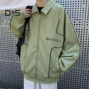 Мужская куртка с лацканами и длинным рукавом из искусственной кожи с множеством карманов, застежкой-молнией, водонепроницаемое ветрозащитное теплое пальто S чёрный