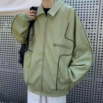Мужская куртка с лацканами и длинным рукавом из искусственной кожи с множеством карманов, застежкой-молнией, водонепроницаемое ветрозащитное теплое пальто S зелёный