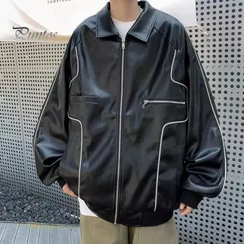 Мужская куртка с лацканами и длинным рукавом из искусственной кожи с множеством карманов, застежкой-молнией, водонепроницаемое ветрозащитное теплое пальто S чёрный