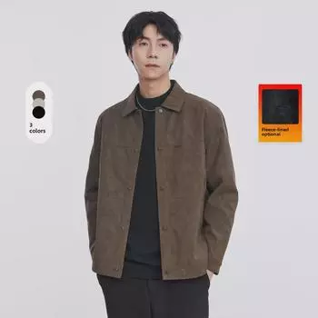 Мужская куртка с лацканами из искусственной кожи - утолщенное повседневное короткое пальто на осень/зиму с бархатной подкладкой M