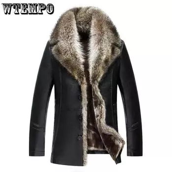 Мужская куртка с меховым воротником, кожаная куртка, зимнее мужское пальто с лацканами, пальто средней длины S чёрный