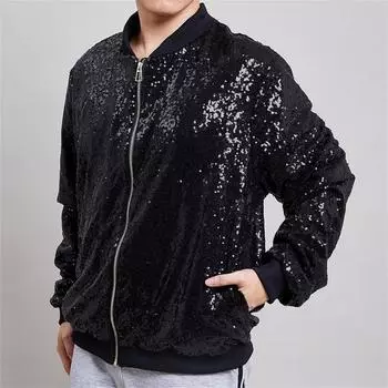 Мужская куртка с пайетками, праздничное пальто, праздничный наряд, флип-бейсбольная форма с пайетками для концерта L чёрный