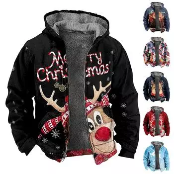 Мужская куртка с рождественским принтом, мужская весенне-осенняя повседневная трендовая куртка на молнии с капюшоном XXXXXXL чёрный