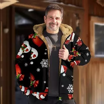 Мужская куртка с рождественским принтом, мужская весенняя повседневная куртка с капюшоном на молнии L чёрный