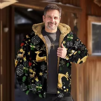 Мужская куртка с рождественским принтом, мужская весенняя повседневная куртка с капюшоном на молнии L чёрный