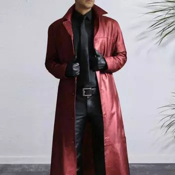 Мужская куртка с воротником-стойкой, длинный рукав, однобортная куртка из искусственной кожи, удлиненная ветровка, приталенная мужская верхняя одежда M хаки