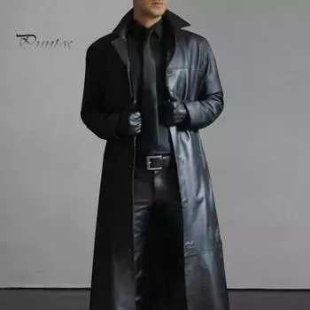 Мужская куртка с воротником-стойкой, длинный рукав, однобортная куртка из искусственной кожи, удлиненная ветровка, приталенная мужская верхняя одежда M чёрный