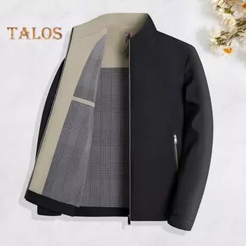 Мужская куртка с воротником-стойкой, длинным рукавом, однотонная клетчатая подкладка, куртка, пальто, карманы, застежка-молния, повседневная верхняя одежда M хаки