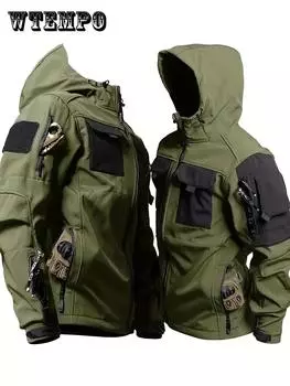 Мужская куртка Softshell на молнии с карманами, водонепроницаемая, устойчивая к царапинам и теплая куртка с капюшоном для активного отдыха на открытом воздухе M армия зеленый