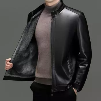 Мужская куртка среднего возраста из натуральной кожи с воротником-стойкой, бархатом и утолщенным мехом, универсальное повседневное свободное пальто, модная кожаная куртка M