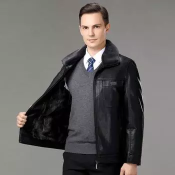 Мужская куртка среднего возраста из натуральной кожи с воротником из овчины, утолщенной бархатной подкладкой, съемными зимними лацканами, короткая куртка M