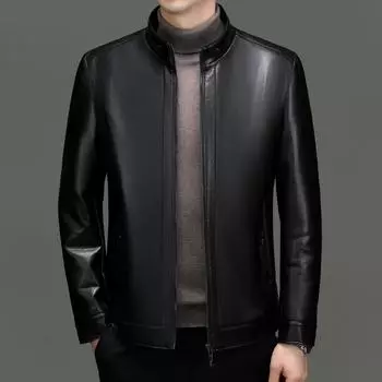 Мужская куртка среднего возраста из натуральной кожи с воротником-стойкой, бархатом и утолщенным мехом, универсальное повседневное свободное пальто, модная кожаная куртка M