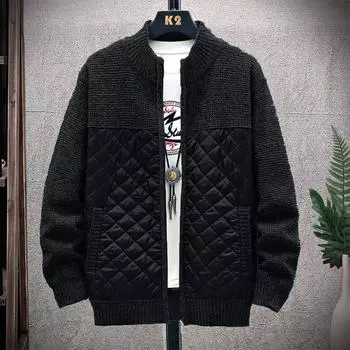 Мужская куртка-свитер с пушистой подкладкой, кардиган большого размера, воротник-стойка, лоскутное пальто-свитер, теплая M чёрный