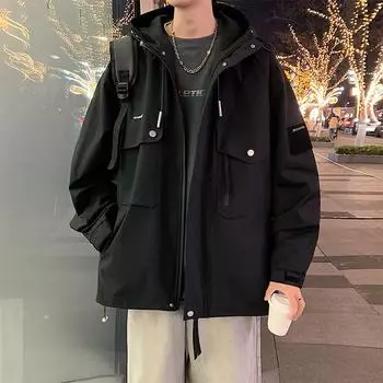 Мужская куртка свободного покроя большого размера для весны и осени, молодежная куртка с капюшоном и прямым подолом 8XL чёрный