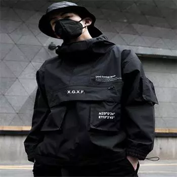 Мужская куртка Techwear High Street Streetwear, черная толстовка с карманом для мужчин и женщин, пара, весна-осень, модный новый водонепроницаемый мужской топ XXL чёрный