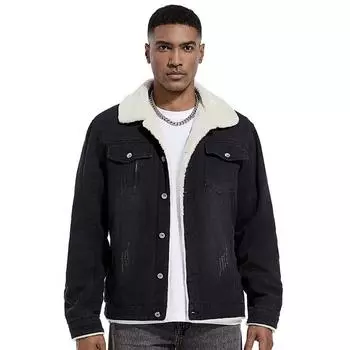 Мужская куртка Trucker из шерпы, джинсовая куртка с флисовой подкладкой, термокуртка с карманом для мужчин, повседневная военная куртка на пуговицах, теплая парка на осень-зиму M чёрный