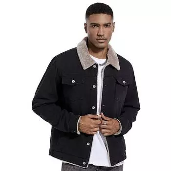 Мужская куртка Trucker с подкладкой из шерпы, хлопковая куртка-карго с отворотами, повседневная куртка в стиле милитари на пуговицах, теплая парка для мужчин на осень-зиму, ковбойские джинсовые куртки M чёрный