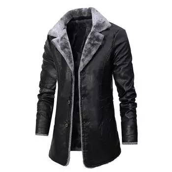 Мужская куртка Удлиненная кожаная куртка Деловой плюшевый костюм с лацканами Кожаная плюшевая мужская куртка S