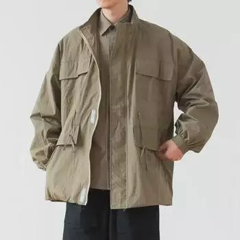 Мужская куртка в японском ретро-стиле для спецодежды – однотонная ветровка средней длины с множеством карманов и лацканами для осени/зимы L хаки