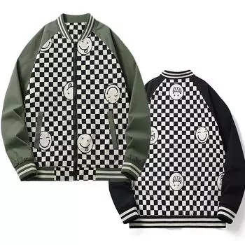 Мужская куртка в стиле хип-хоп, уличная бейсбольная форма, клетчатый принт, модное пальто Y2k с принтом, спортивные куртки большого размера M чёрный
