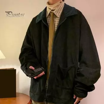 Мужская куртка в стиле пэчворк свободного кроя с застежкой-молнией, повседневное пальто с лацканами и длинным рукавом, вельветовая верхняя одежда M зелёный