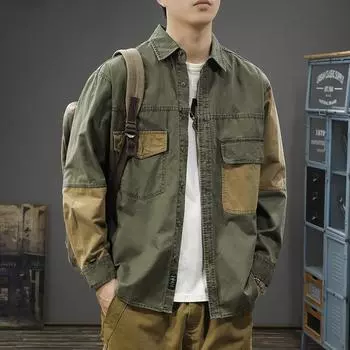 Мужская куртка в стиле ретро с контрастными цветовыми сочетаниями, модная фирменная рубашка из чистого хлопка с длинными рукавами, свободная повседневная куртка M серый