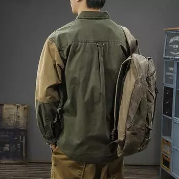 Мужская куртка в стиле ретро с контрастными цветовыми сочетаниями, модная фирменная рубашка из чистого хлопка с длинными рукавами, свободная повседневная куртка L серый