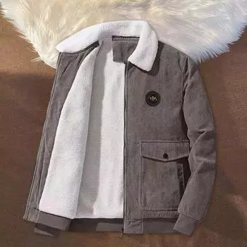 Мужская куртка Yousheng с длинным рукавом, плюшевая подкладка, пальто с карманами-клапанами, застежка-молния по всей длине, однотонная утолщенная теплая вельветовая верхняя одежда M чёрный