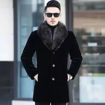 Мужская куртка, зимняя куртка с большим меховым воротником, бархатное плотное теплое пальто, длинная повседневная парка, мужская куртка на хлопковой подкладке M чёрный