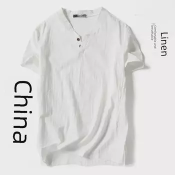 Мужская льняная футболка свободного кроя с V-образным вырезом - ретро, с короткими рукавами, однотонная, большого размера 5XL (155-170 jin) тёмно-синий