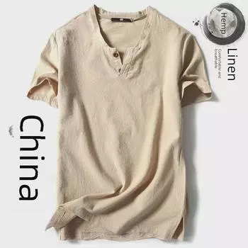 Мужская льняная футболка свободного кроя с V-образным вырезом – короткие рукава, однотонная, большой размер XL (suggested 115-125 jin) синий/серый