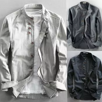 Мужская льняная хлопковая рубашка в японском стиле с длинным рукавом в стиле Харадзюку, облегающий однотонный мужской повседневный дышащий классический топ с воротником-стойкой 7XL белый