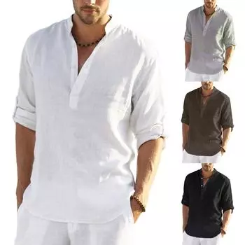 Мужская льняная повседневная рубашка с длинными рукавами без воротника с воротником-стойкой, летний топ XL серый