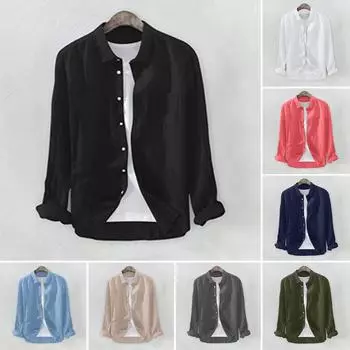 Мужская льняная повседневная рубашка с длинными рукавами без воротника с воротником-стойкой, летний топ XXL чёрный