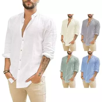 Мужская льняная повседневная рубашка с длинными рукавами без воротника с воротником-стойкой, летний топ XL белый