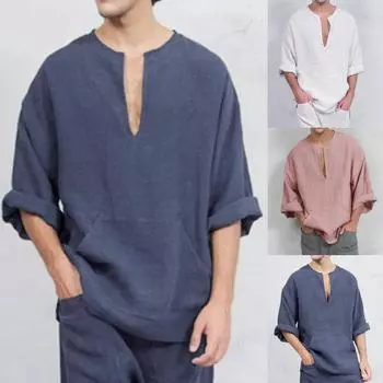Мужская льняная повседневная рубашка с длинными рукавами без воротника с воротником-стойкой, летний топ XXXL синий