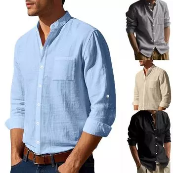 Мужская льняная повседневная рубашка свободного покроя с длинным рукавом и отложным воротником, рубашка в стиле гавайи, уличная одежда для отдыха S светло-синий