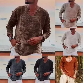 Мужская льняная повседневная свободная рубашка с v-образным вырезом, потертая и поношенная, с длинными рукавами и необработанными краями XXXL белый